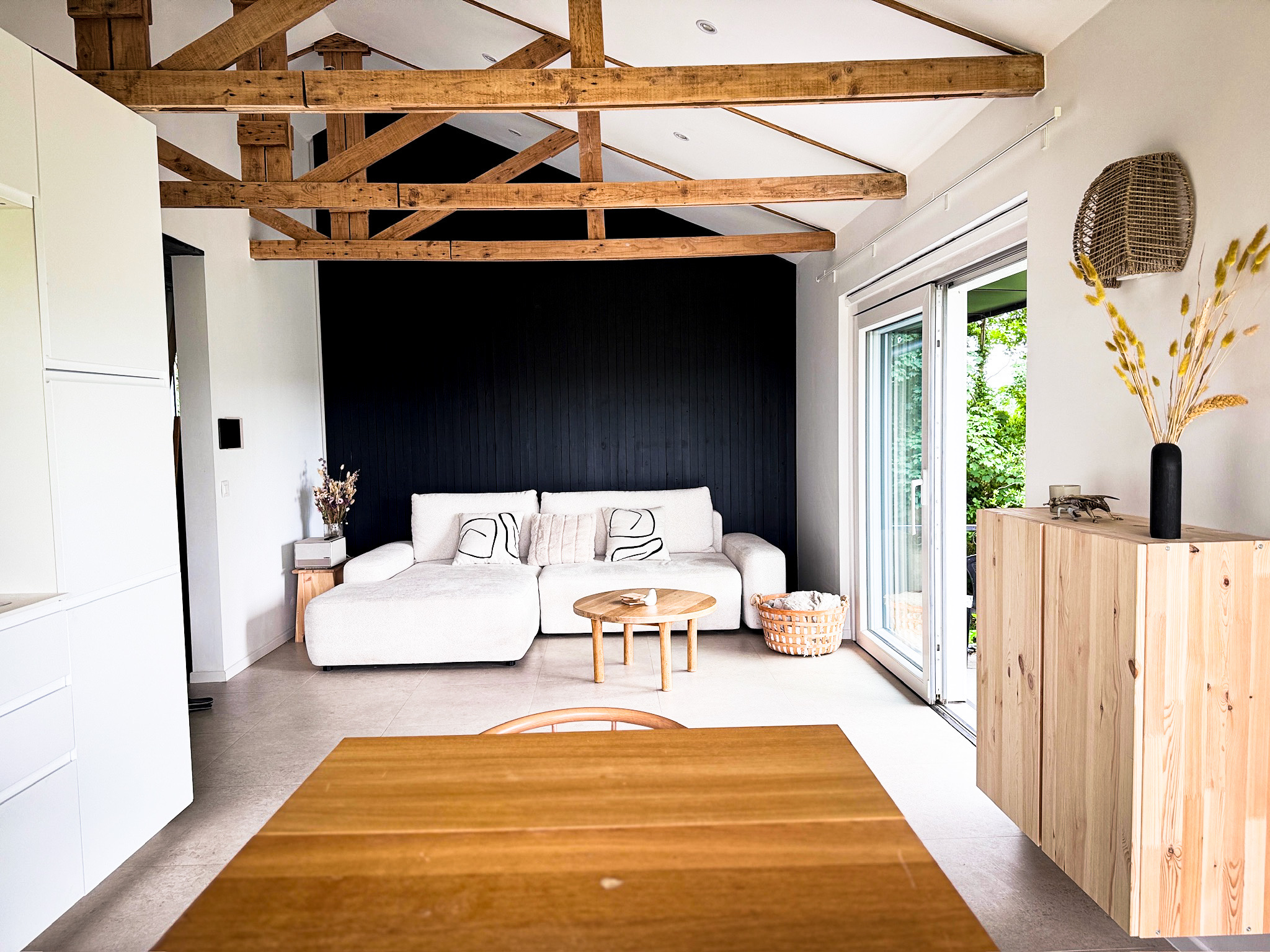Living area with exposed beams